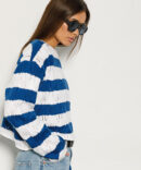 Women's knitted jumper openwork white with denim stripes