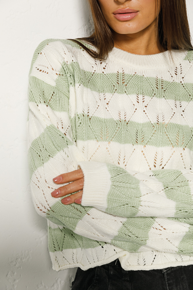 Women's knitted jumper openwork milky with mint stripes