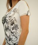 White T-shirt with black print and rhinestones