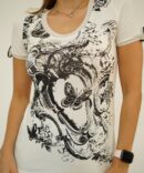 White T-shirt with black print and rhinestones