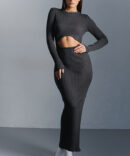 Long knitted graphite dress with a neckline at the waist