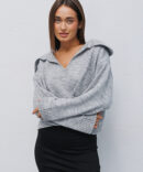 Women's knitted sweater light gray with a turn-down collar