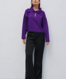 Women's knitted sweater dark purple with a turn-down collar