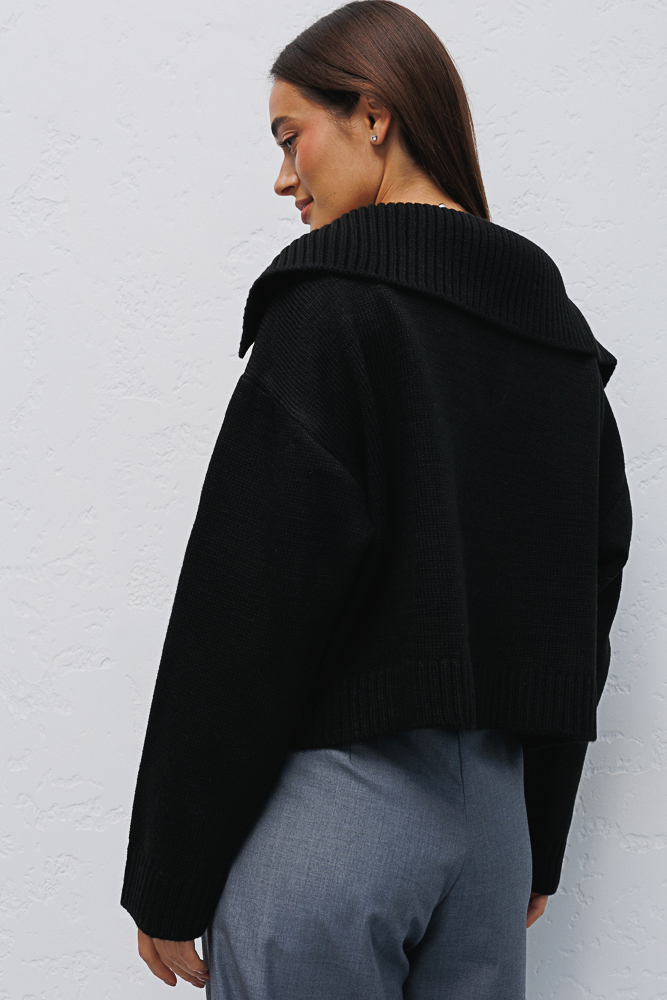 Women's knitted jacket black with a turn-down collar