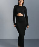 Long knitted dress black with a neckline at the waist