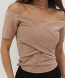 Women's beige off-shoulder top with draping