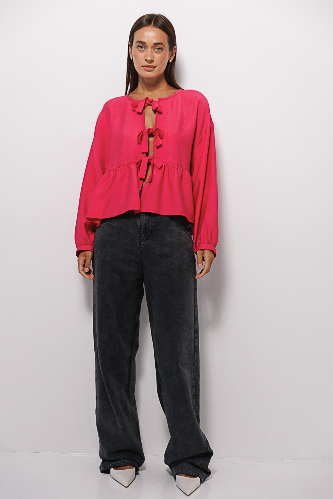 Oversize crimson blouse with bow ties on the front