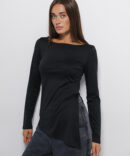 Women's black long sleeve with an asymmetrical hem.