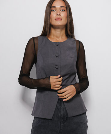 Women's tailored vest with a round neckline in graphite.