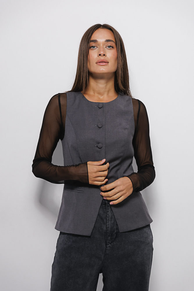 Women's tailored vest with a round neckline in graphite.