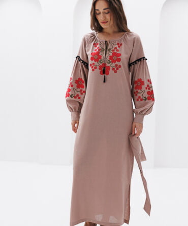 Long embroidered dress beige with poppies with a cross