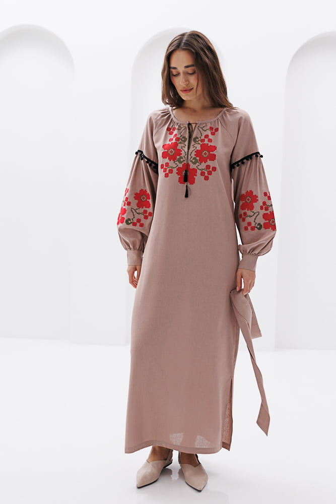 Long embroidered dress beige with poppies with a cross