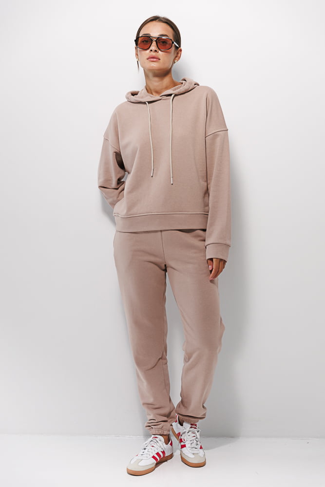 Women's beige jersey tracksuit with joggers and hoodie