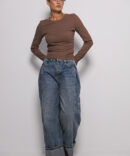 Women's ribbed chocolate long sleeve with accent seams on the chest