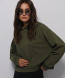 Cropped women's hoodie in dark khaki with raglan sleeves