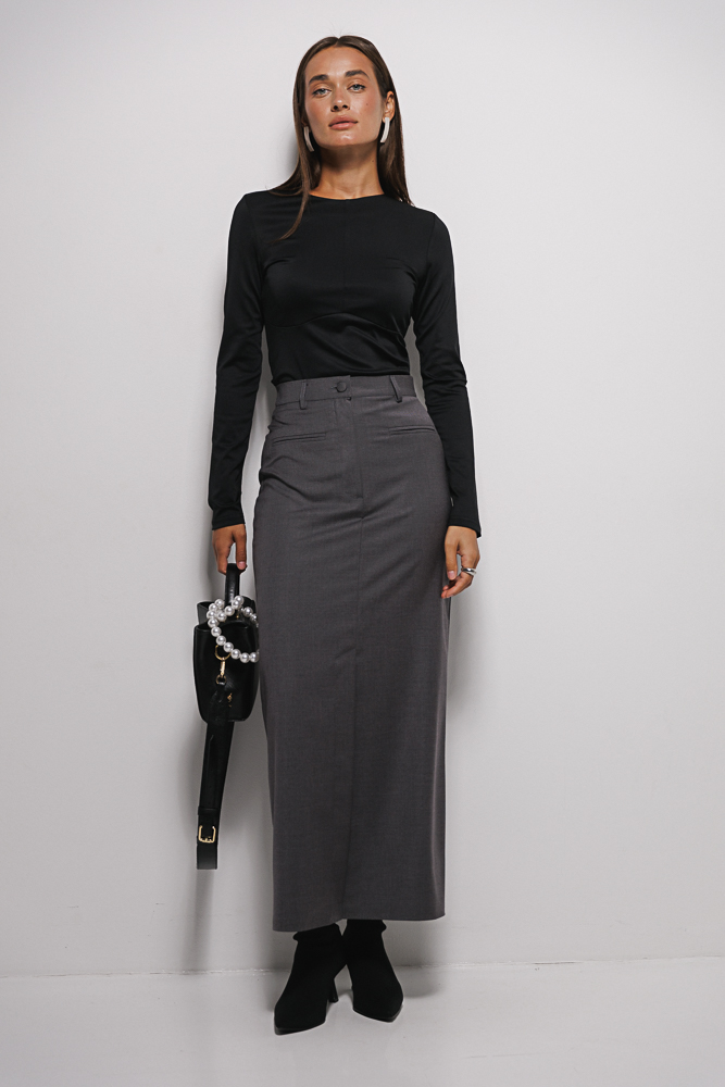 Graphite long skirt in business style with a slit on the front