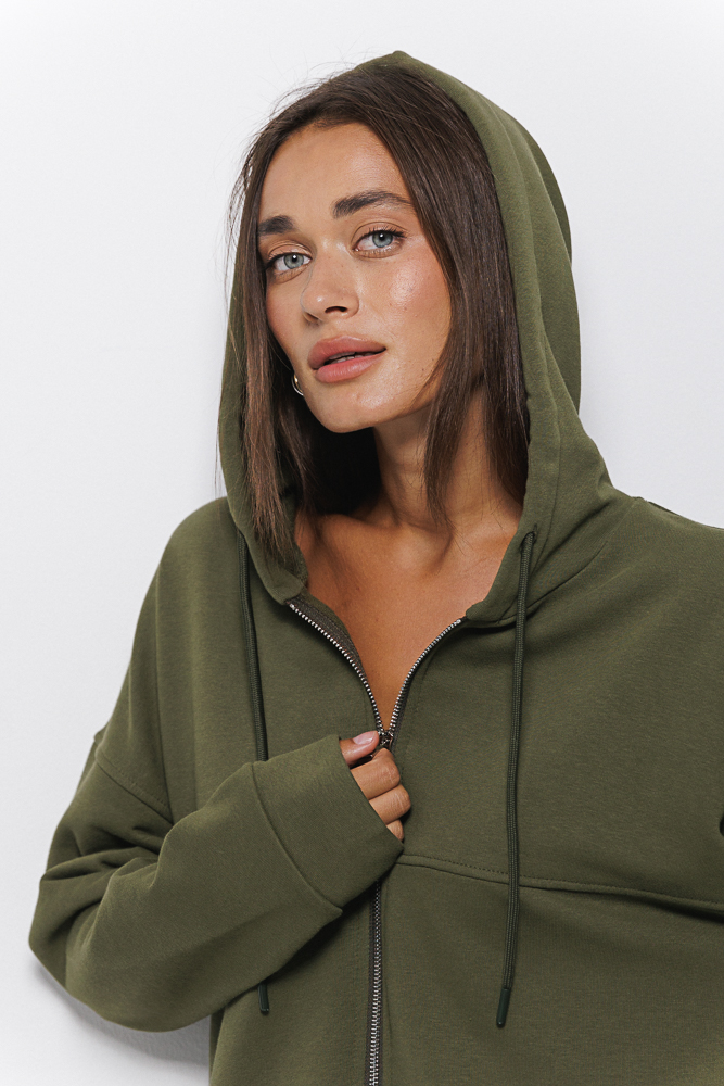 Women's Zip Hoodie in Dark Khaki Color