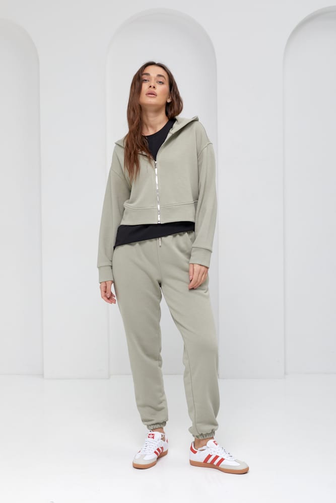 Women's khaki tracksuit with cropped zip hoodie