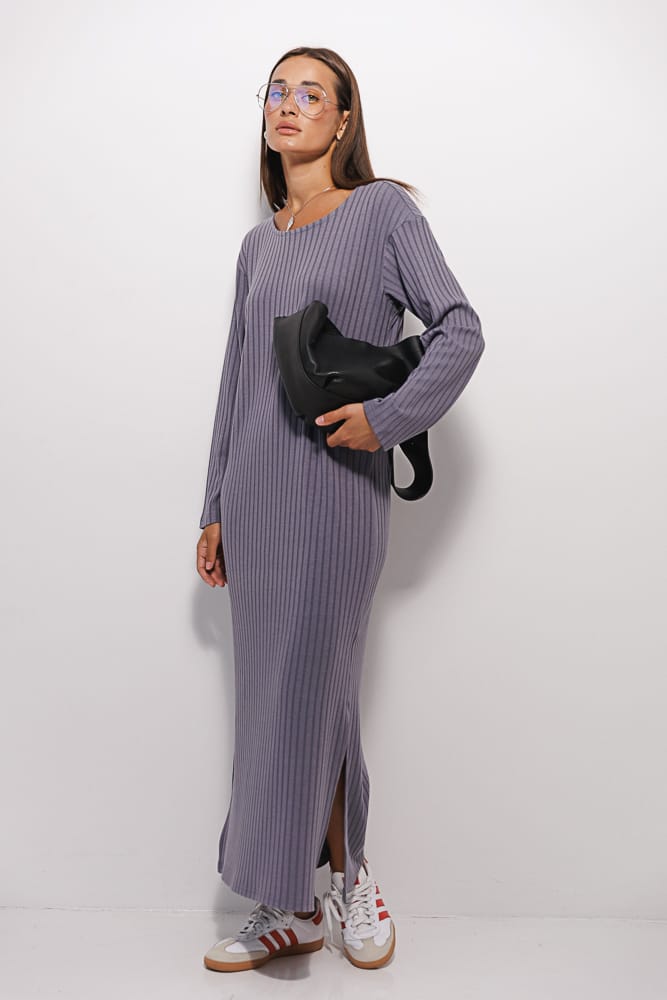 Knitted long dress gray with slits on the sides