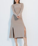 Ribbed beige knitted dress with two slits in the front