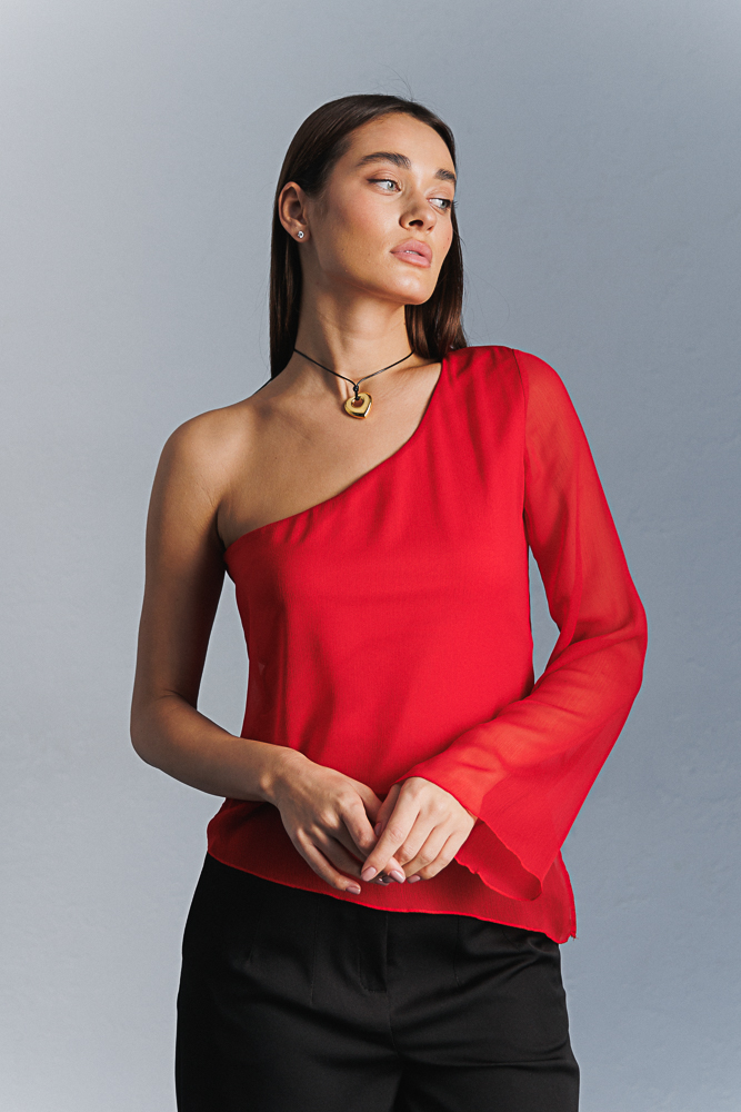 Chiffon blouse with one-shoulder sleeves red