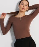 Long sleeve knit crop top brown with short zipper