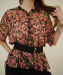 Blouse with pink roses and black belt