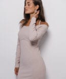 Ribbed knitted dress light beige with a seam under the bust