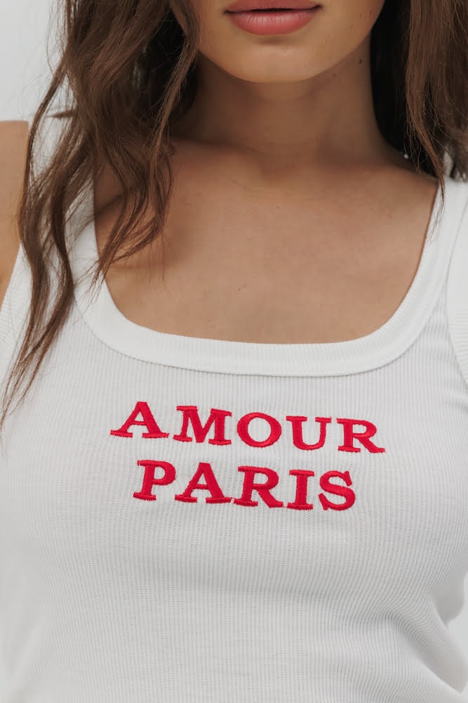 Жіноча майка в рубчик біла з червоною вишивкою Amour Paris