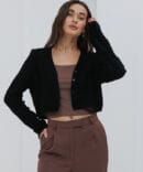 Cropped black knitted cardigan with diamond patterns