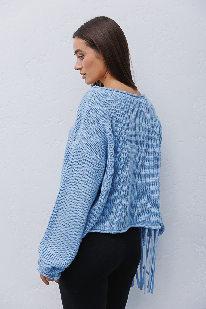 Women's knitted blouse light blue with fringe at the bottom