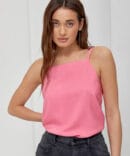 Pink silk women's top with a straight neckline.