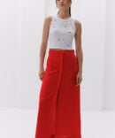 Long red linen skirt with buttons at the front.