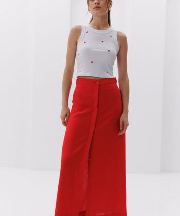 Long red linen skirt with buttons at the front.