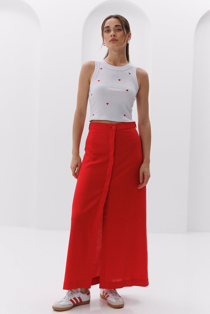 Long red linen skirt with buttons at the front.