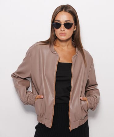 Women's bomber jacket made of eco-leather in dark beige