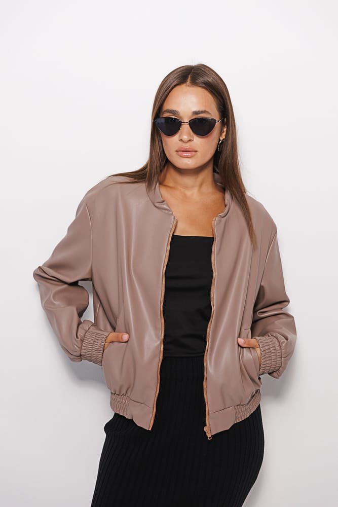 Women's bomber jacket made of eco-leather in dark beige