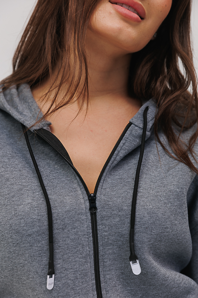 Cropped hoodie with a zipper gray with melange