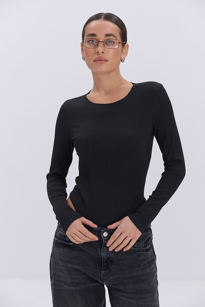 Жіноче боді з плісированого трикотажу чорне