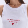 Укорочена жіноча майка в рубчик біла з написом The world needs more love
