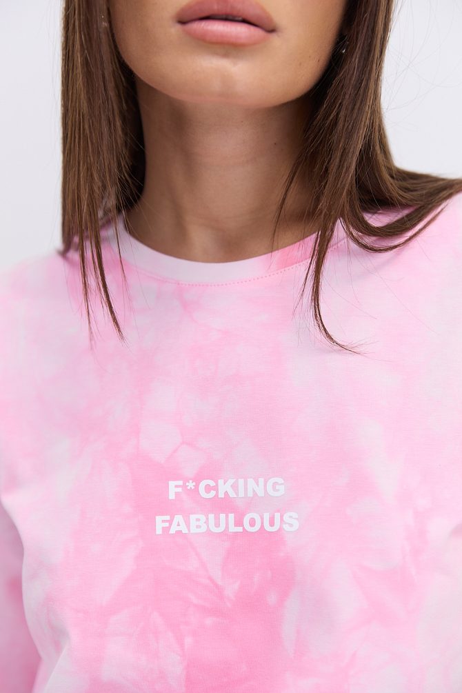 Жіноча футболка з принтом f*cking fabulous рожева з ефектом тай-дай