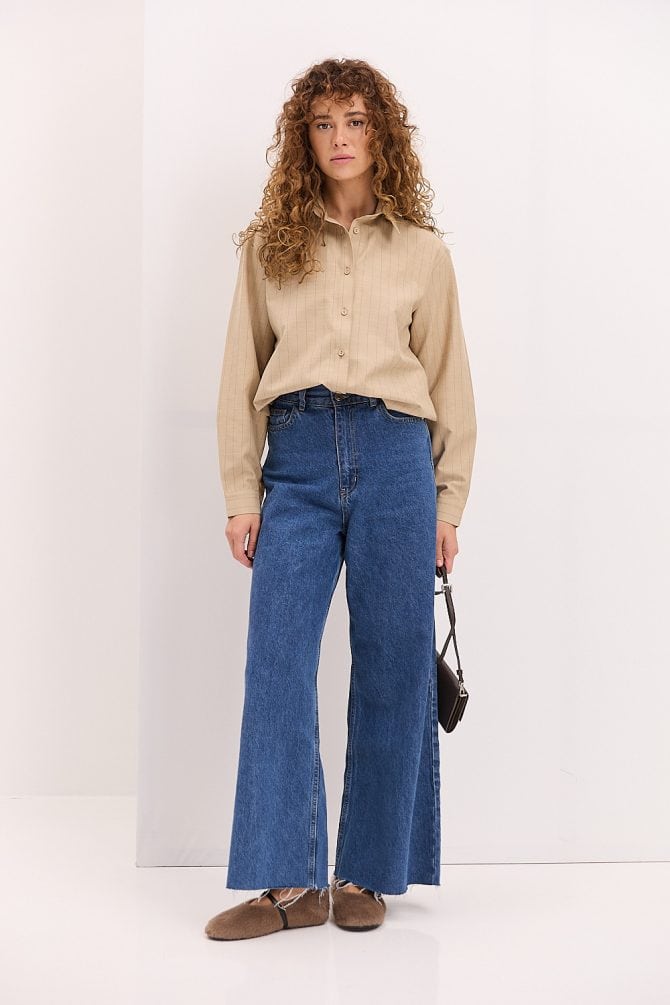Жіноча смугаста сорочка oversize бежева