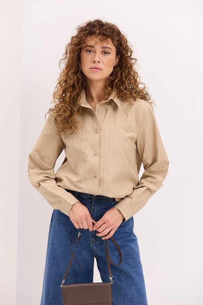 Жіноча смугаста сорочка oversize бежева