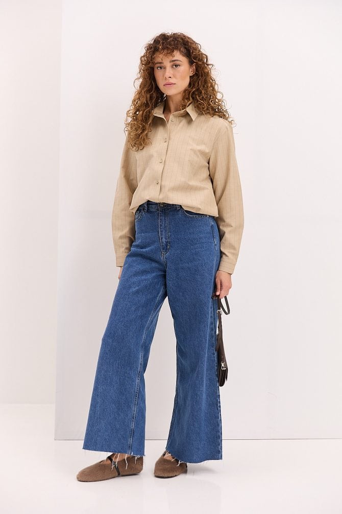Жіноча смугаста сорочка oversize бежева