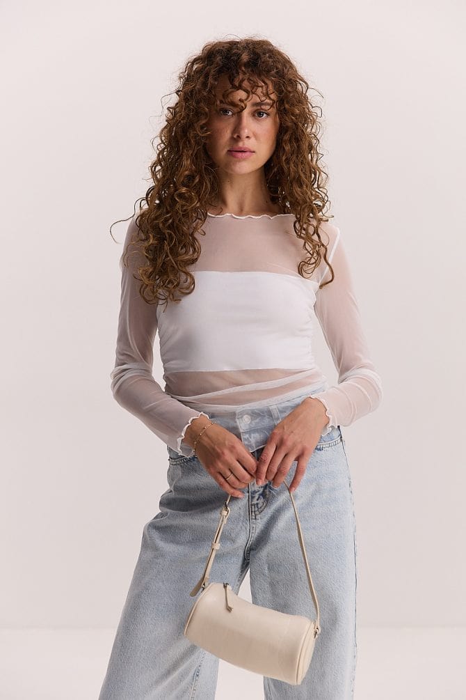 Жіночий кроп-топ з довгими рукавами молочний з сіточки зі вставкою