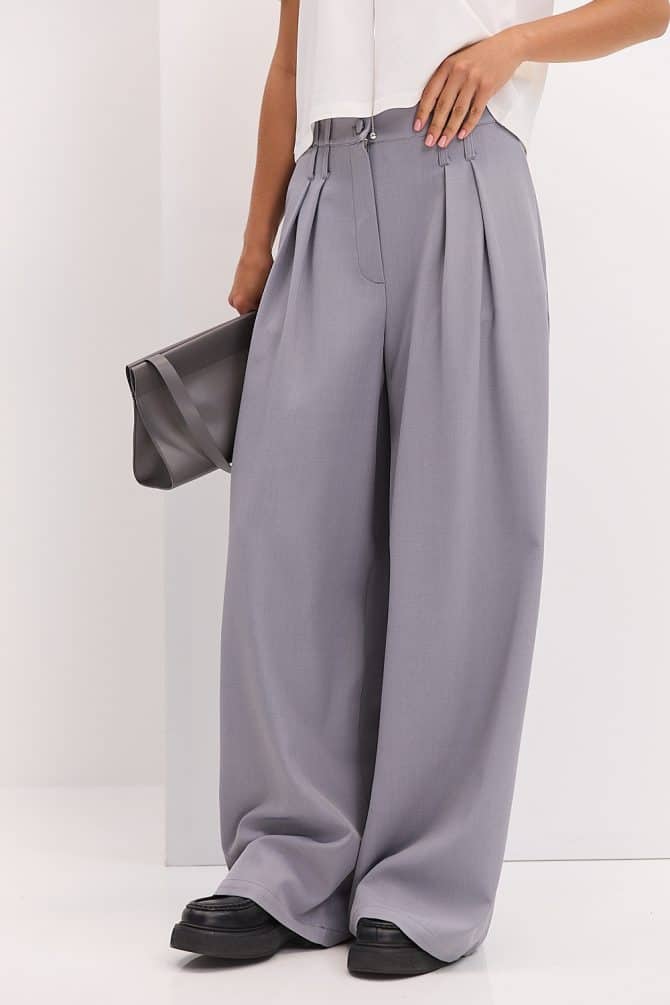 Жіночі штани-палаццо зі складками сірі