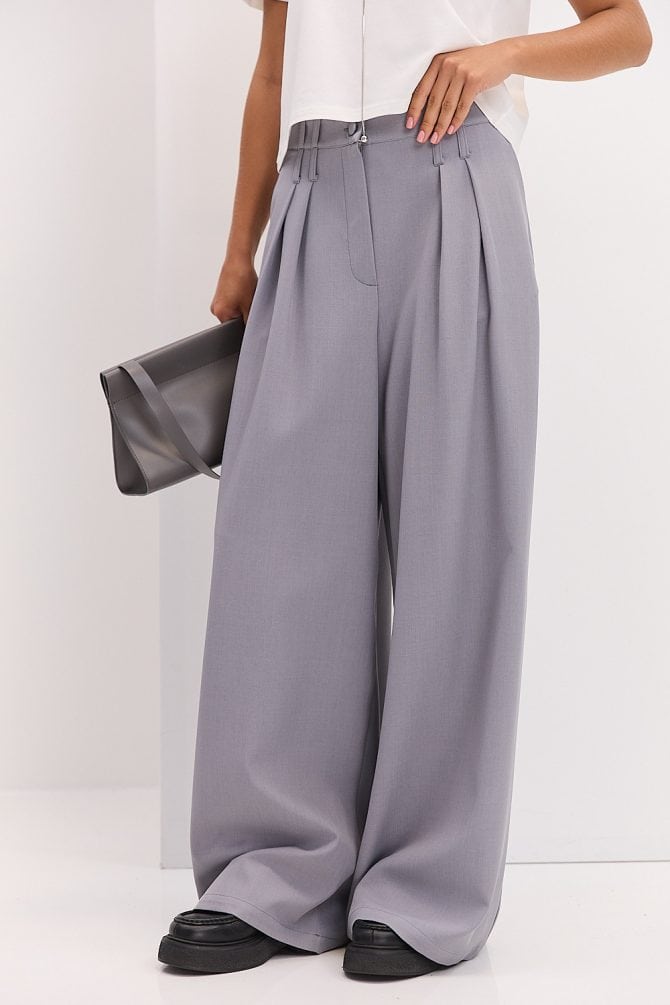 Жіночі штани-палаццо зі складками сірі