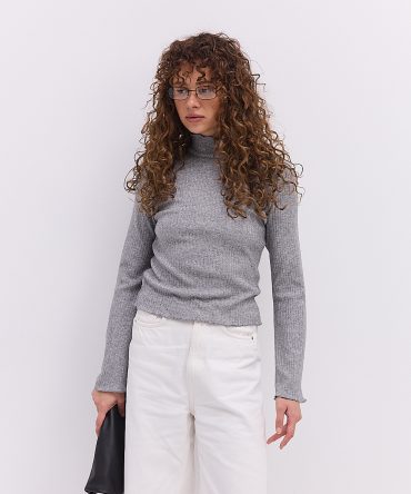 Жіночий лонгслів в рубчик сірий з коміром-стійкою