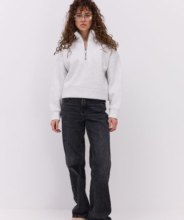 Жіночий утеплений з світшот з коміром на блискавці світло-сірий з принтом Do not overthink