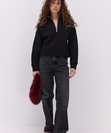 Жіночий утеплений з світшот з коміром на блискавці чорний з принтом Do not overthink